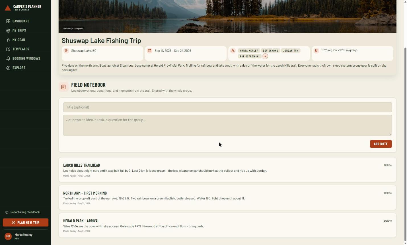 Field notebook entries recording trailhead conditions, water temperature, and campsite details.