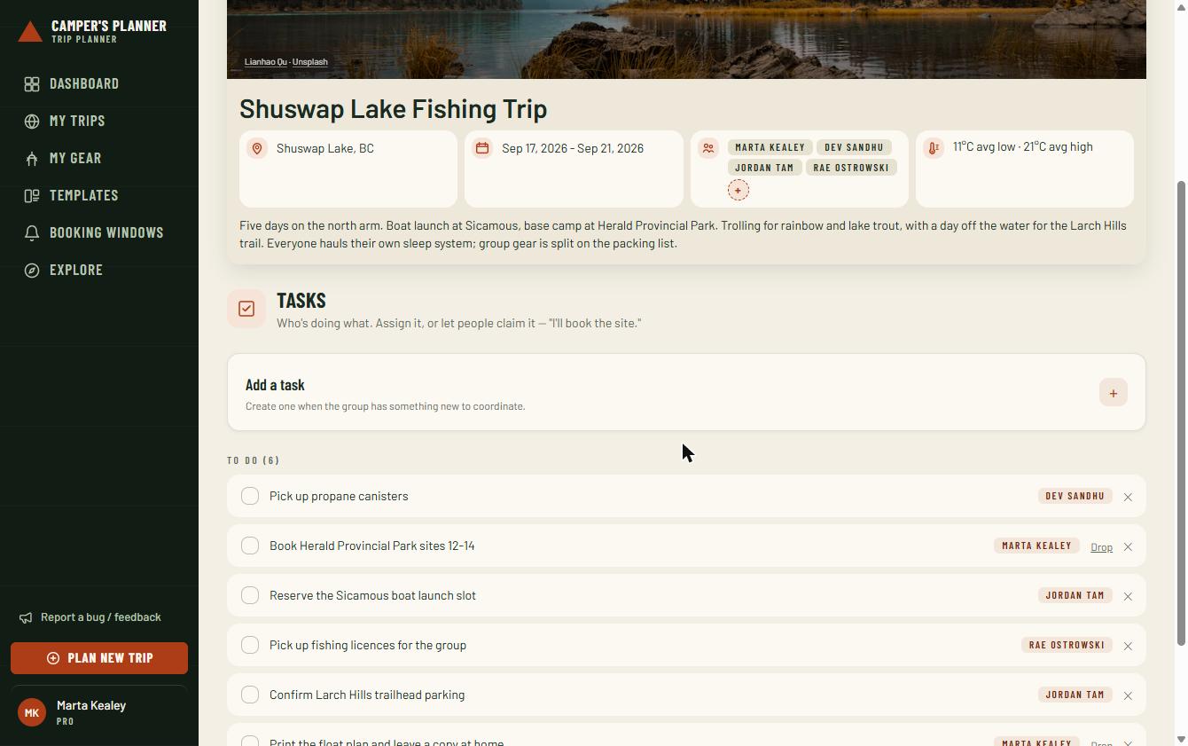 Trip task list with each job assigned to a named member of the crew.
